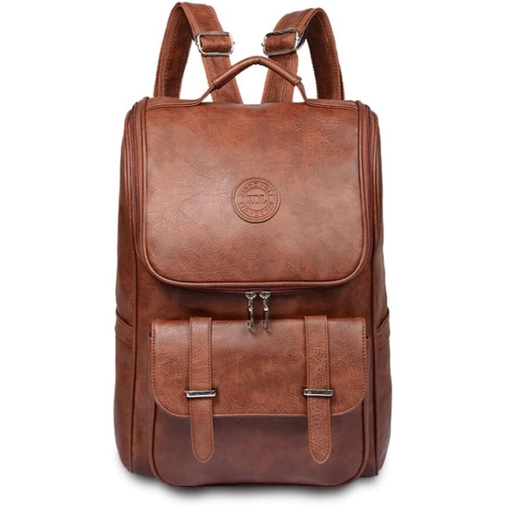 ✨Brown Faux Leather Backpack Slim Laptop Travel Pack Waterproof Daypack Bag